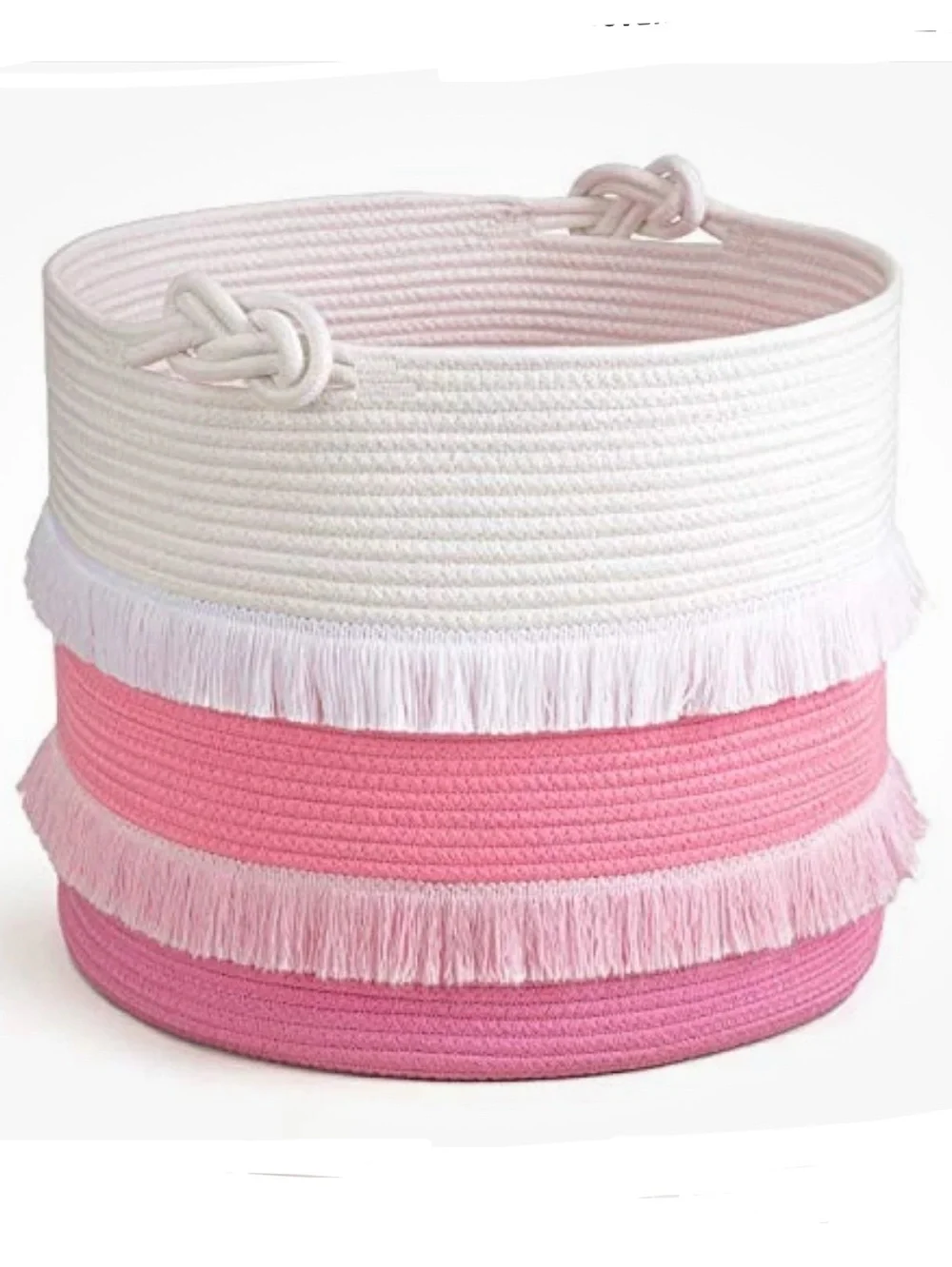 Pink & White Fringed Large Rope Basket - 16